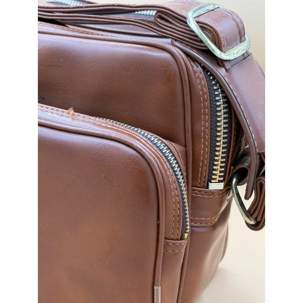 Vintage Brown Camera Shoulder Bag YKK Zippers Faux Leather Adjustable Strap
